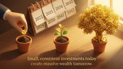 A small plant growing into a large money tree with a calendar in the background.