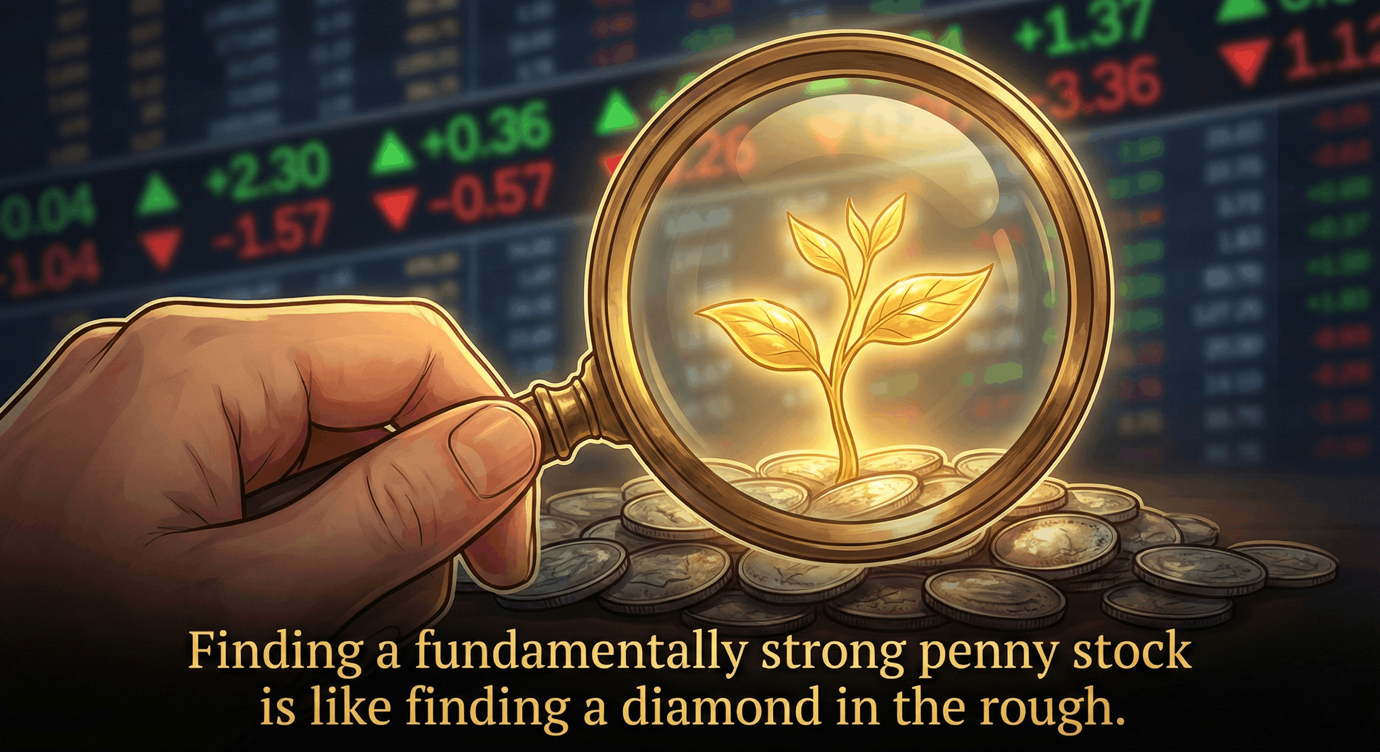 A magnifying glass focusing on a small growing plant surrounded by coins.