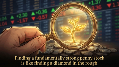 A magnifying glass focusing on a small growing plant surrounded by coins.