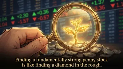 A magnifying glass focusing on a small growing plant surrounded by coins.