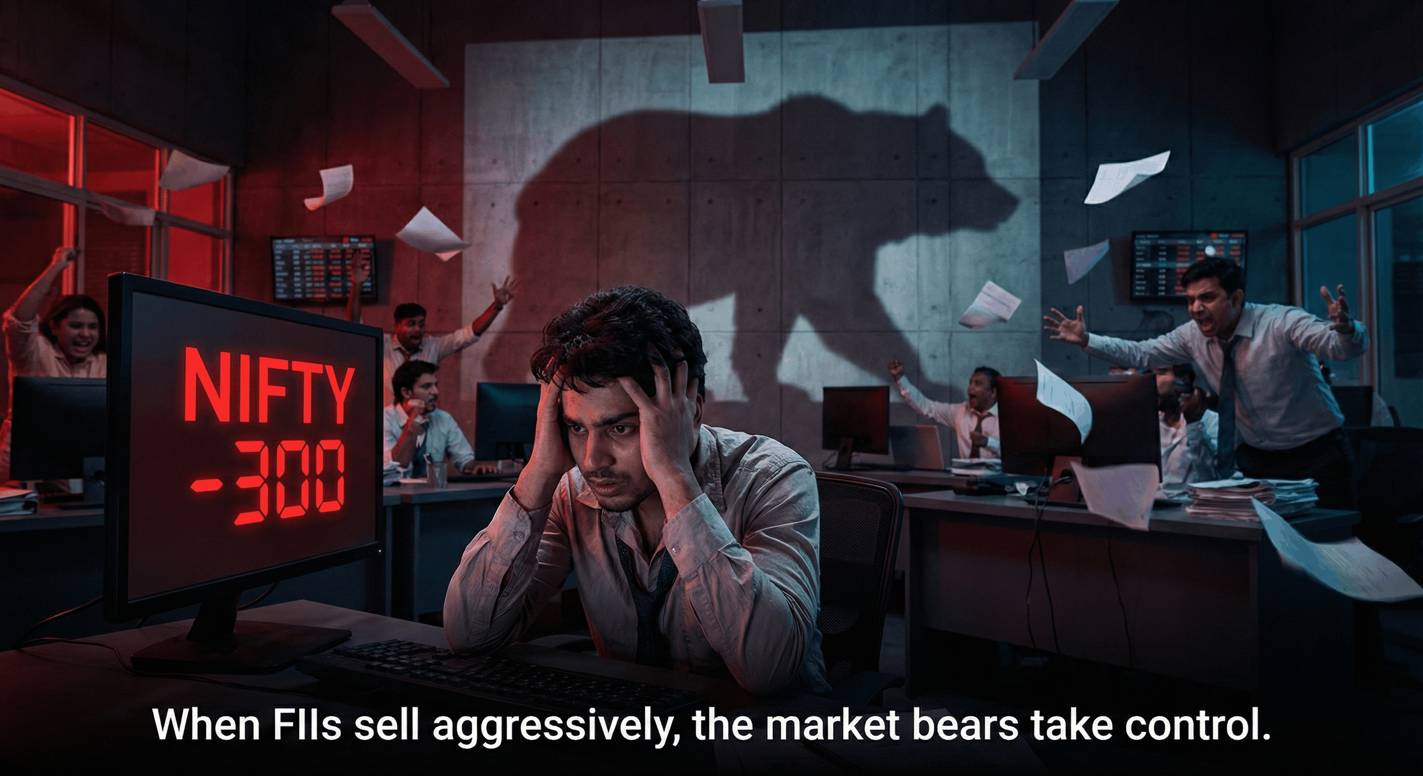 A stressed trader looking at a red stock market screen with a bear shadow.