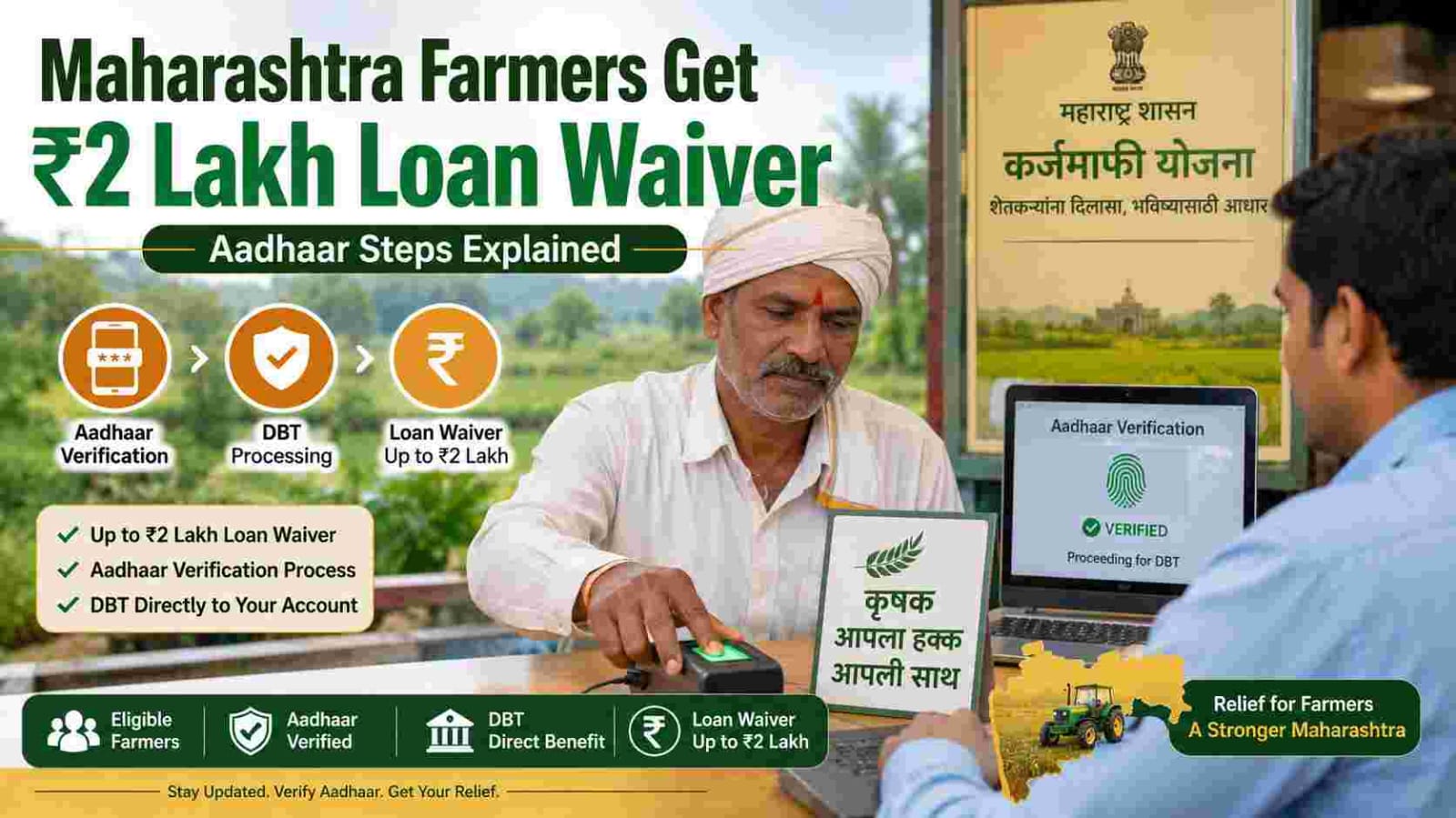 Maharashtra farmer completing Aadhaar verification for loan waiver at a bank counter