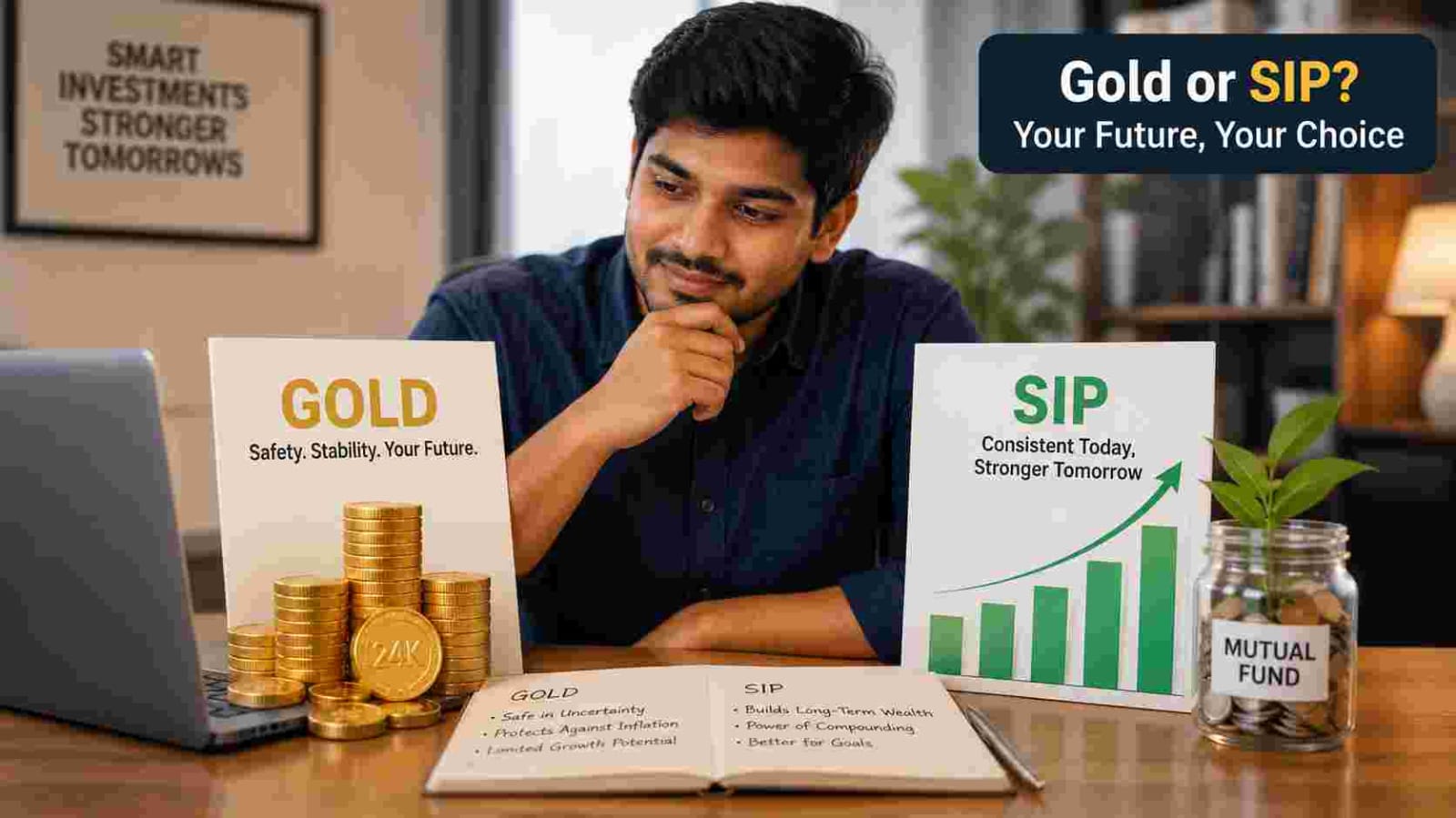 Young investor comparing gold coins and mutual fund investment growth chart