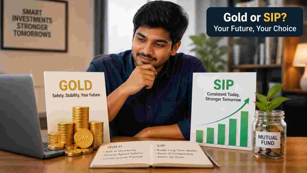 Young investor comparing gold coins and mutual fund investment growth chart