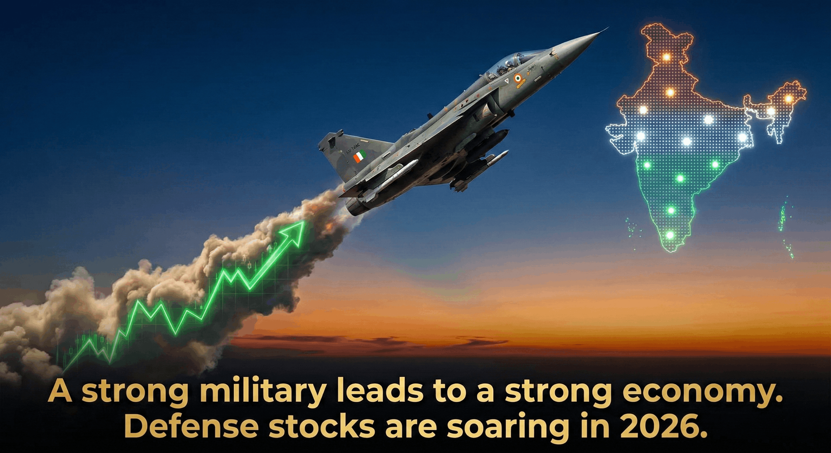 A fighter jet taking off with a stock market graph rising in the background.
