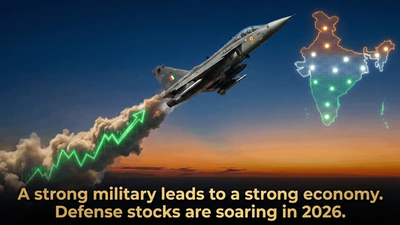 A fighter jet taking off with a stock market graph rising in the background.