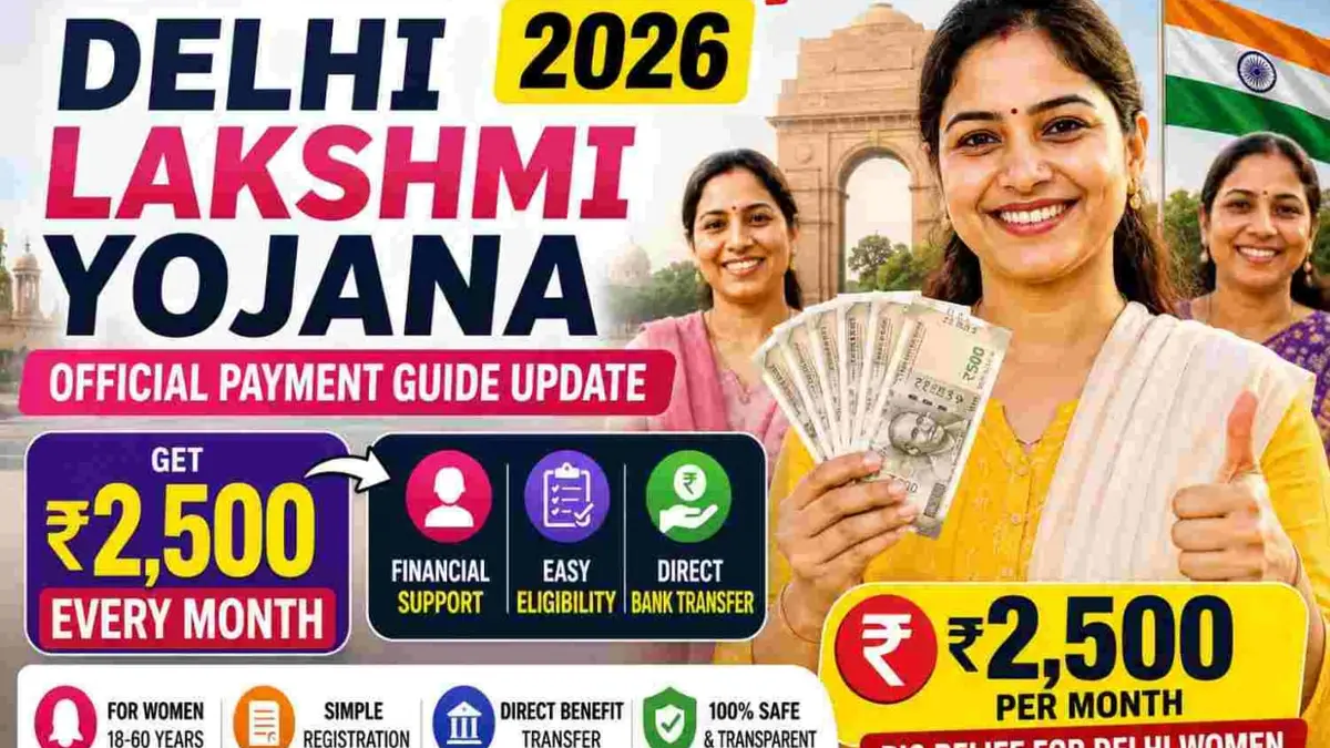 Delhi Lakshmi Yojana 2026 launch event at Talkatora Stadium with beneficiary women