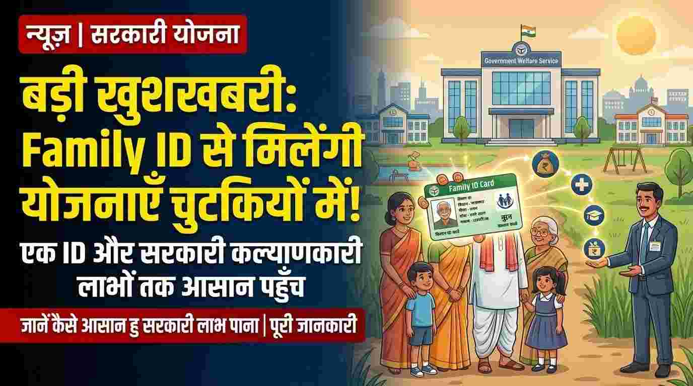 An Indian family using a smartphone to access government welfare benefits through a family ID system.