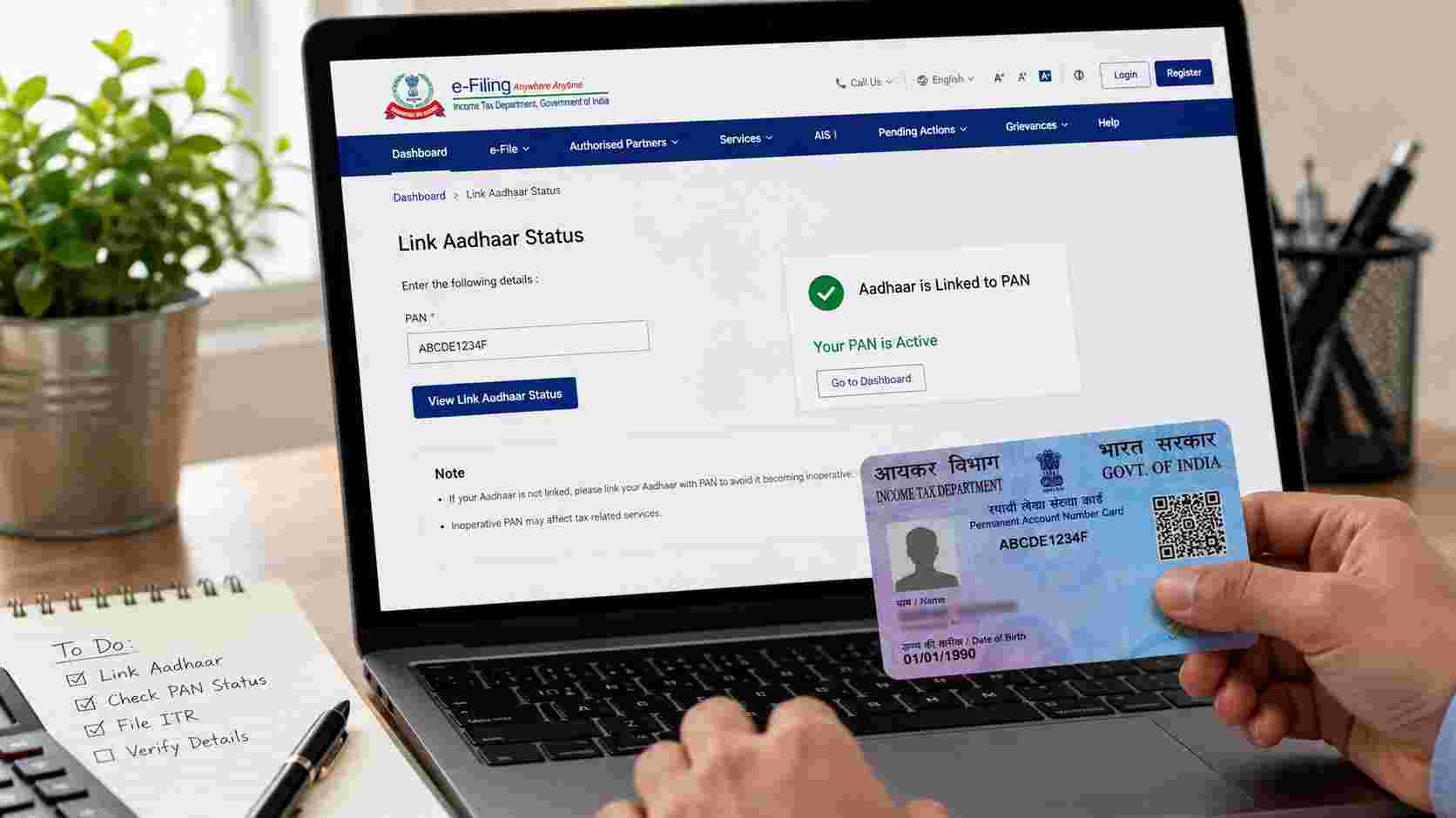 Salaried employee checking PAN-Aadhaar linking status online before filing Income Tax Return in India.