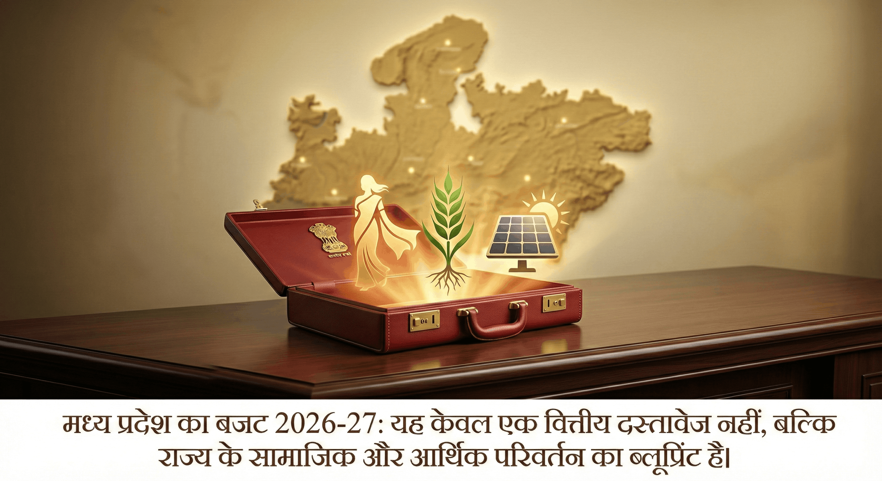 मध्य प्रदेश बजट 2026-27 का प्रतिनिधित्व करता हुआ एक सुनहरी सूटकेस जिसमें महिला सशक्तिकरण और कृषि के प्रतीक हैं।