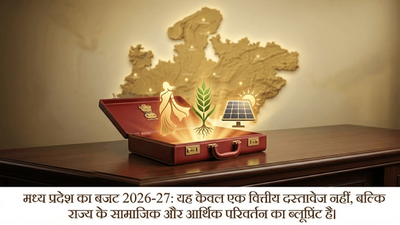 मध्य प्रदेश बजट 2026-27 का प्रतिनिधित्व करता हुआ एक सुनहरी सूटकेस जिसमें महिला सशक्तिकरण और कृषि के प्रतीक हैं।