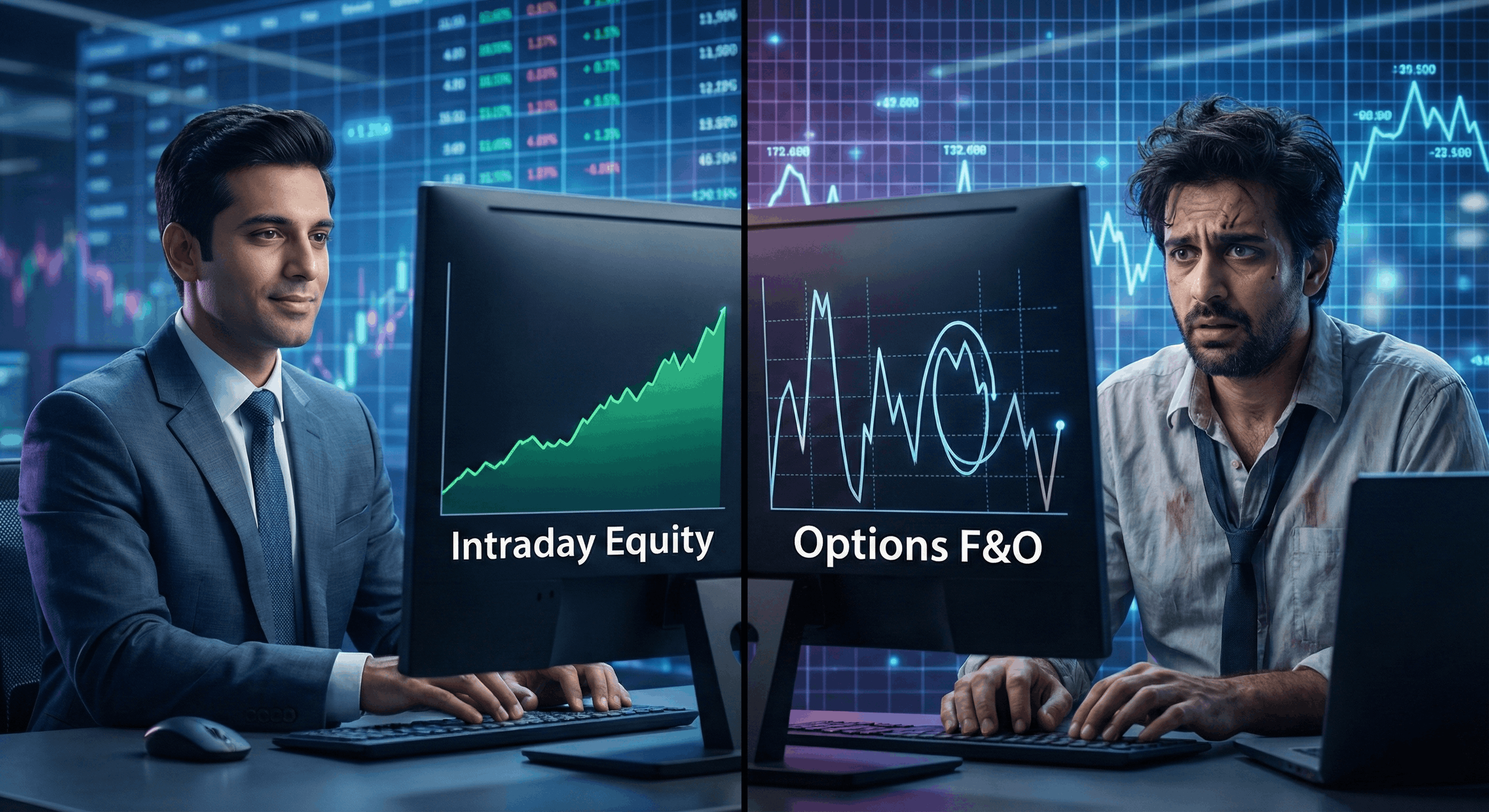 Comparison illustration between Intraday Equity trading and Option Trading risks.