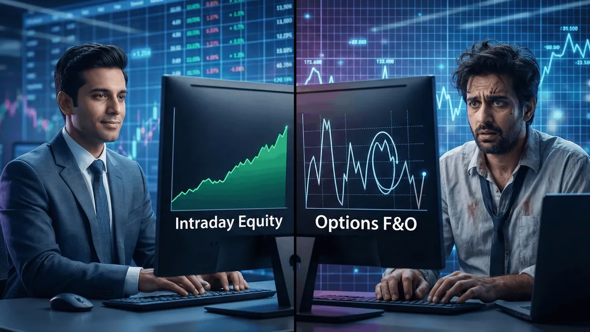Comparison illustration between Intraday Equity trading and Option Trading risks.