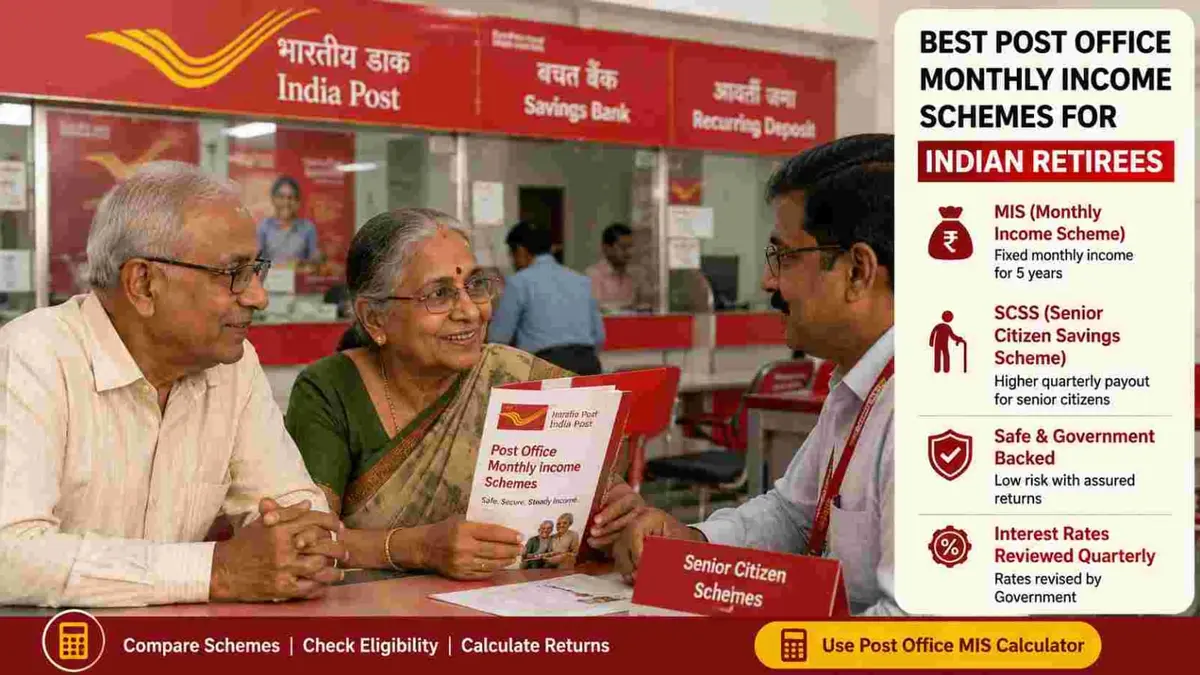 Senior citizens comparing Post Office Monthly Income Scheme (MIS) and Senior Citizens Savings Scheme (SCSS) for regular retirement income in India.