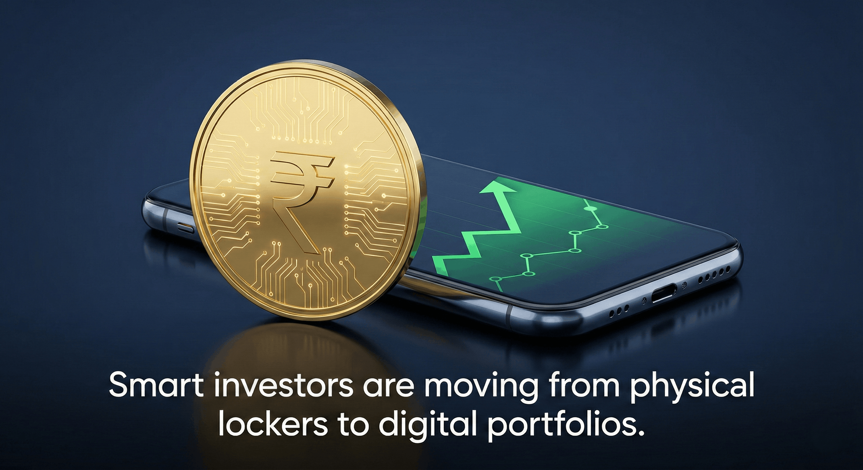A glowing digital gold coin hovering over a modern smartphone screen.