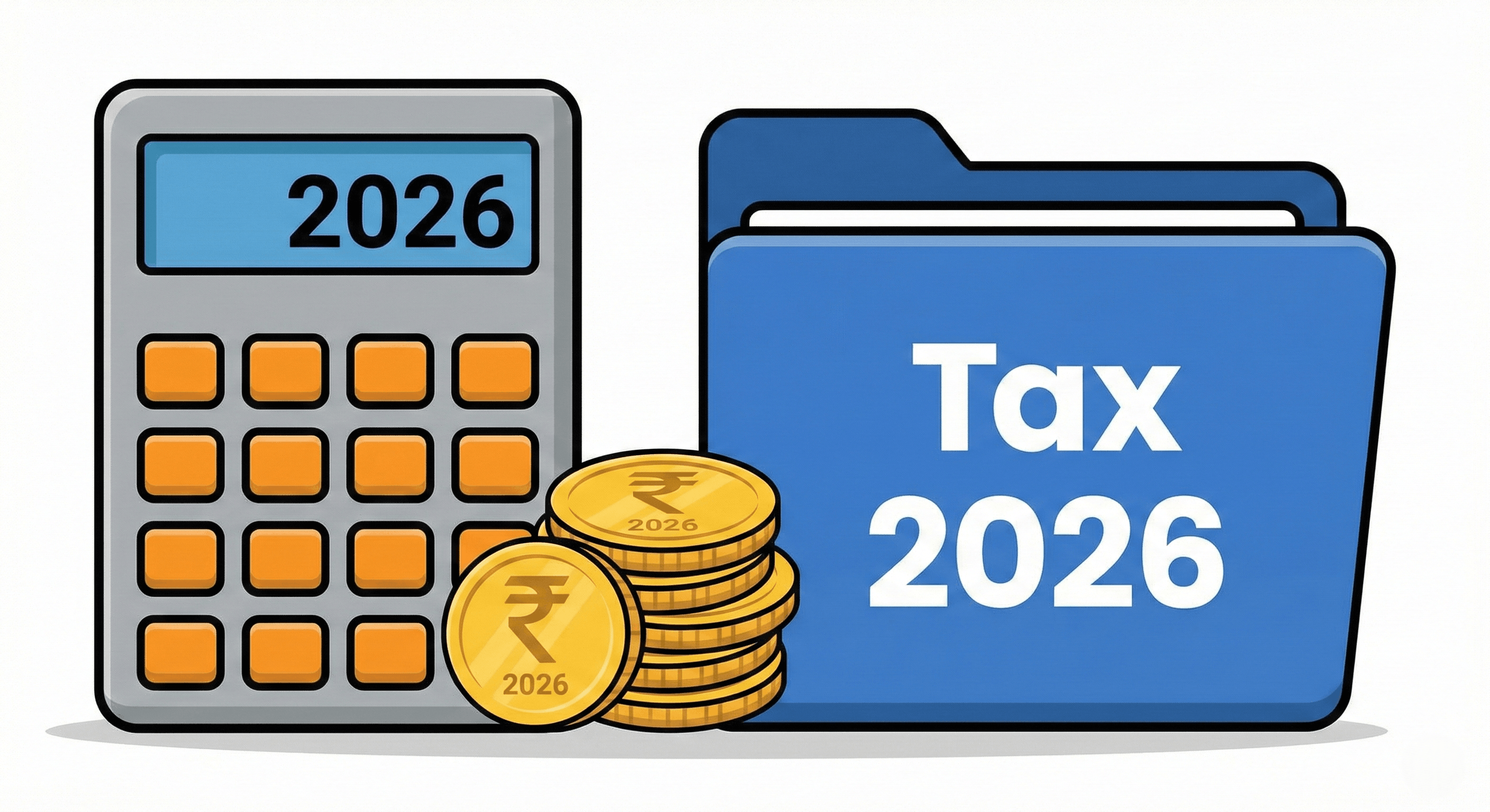 Indian rupee coins with a calculator and tax file.