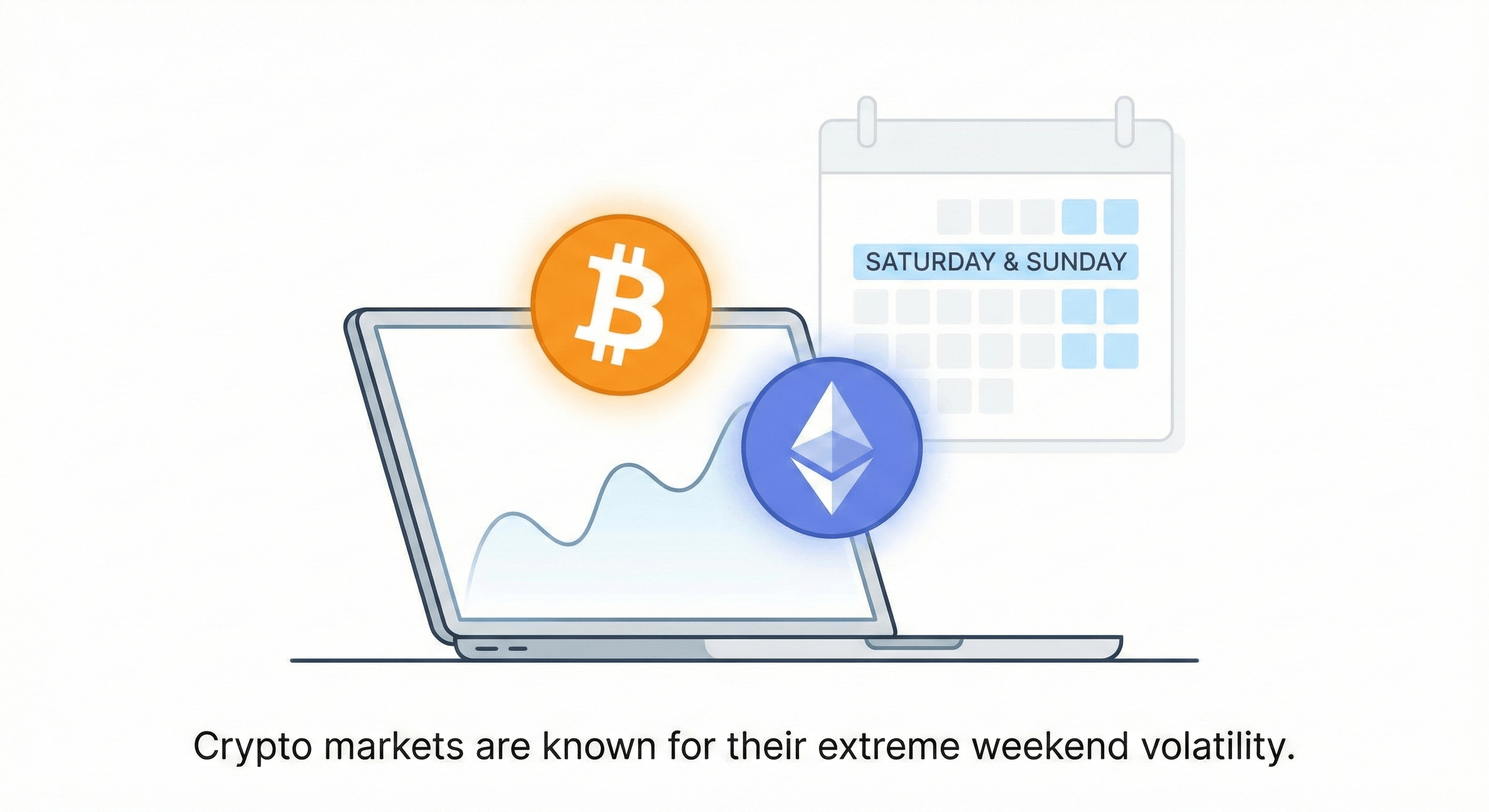 Glowing physical Bitcoin and Ethereum coins next to a laptop on a weekend.