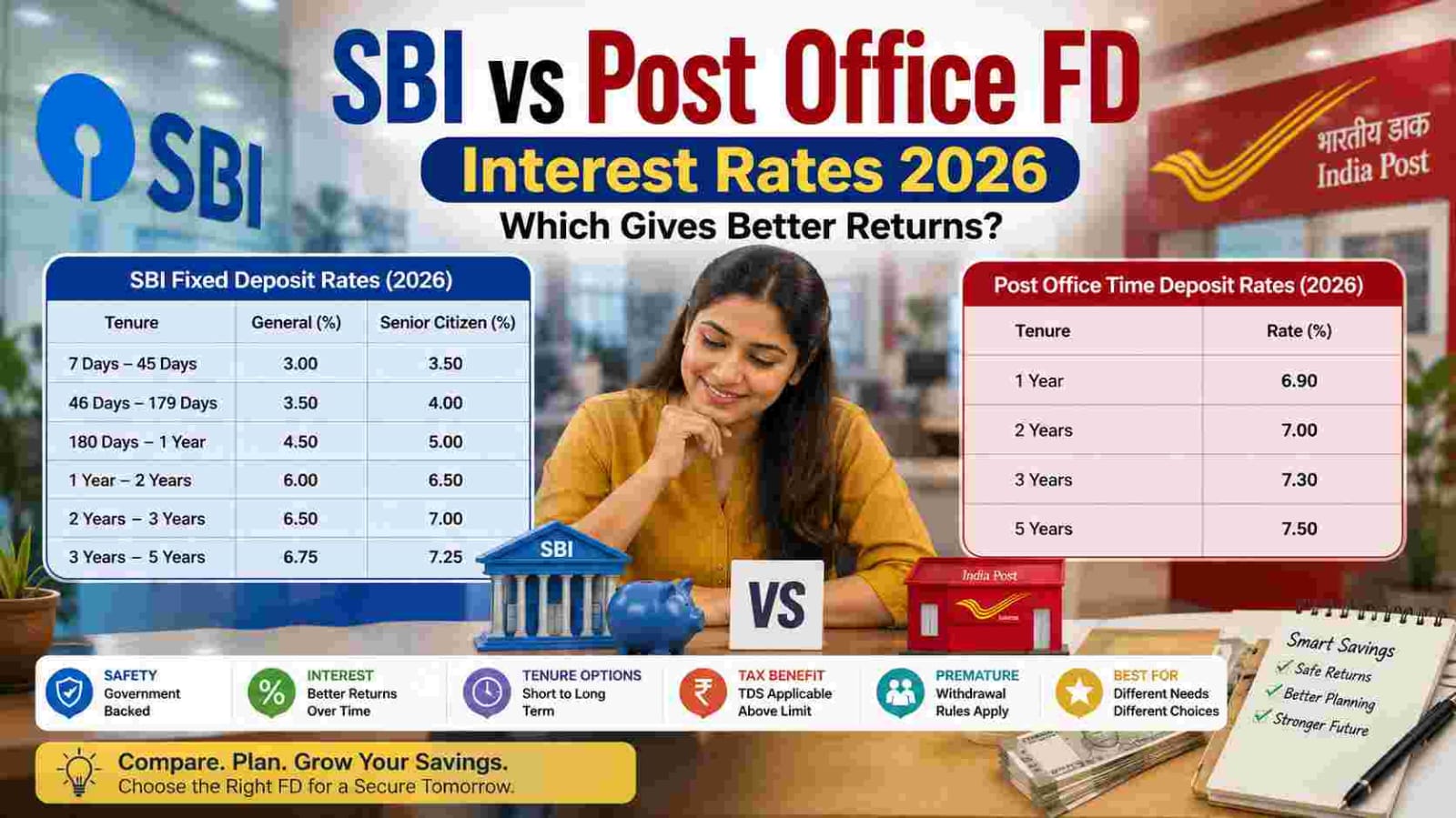 Comparison of SBI and Post Office FD interest rates for 2026