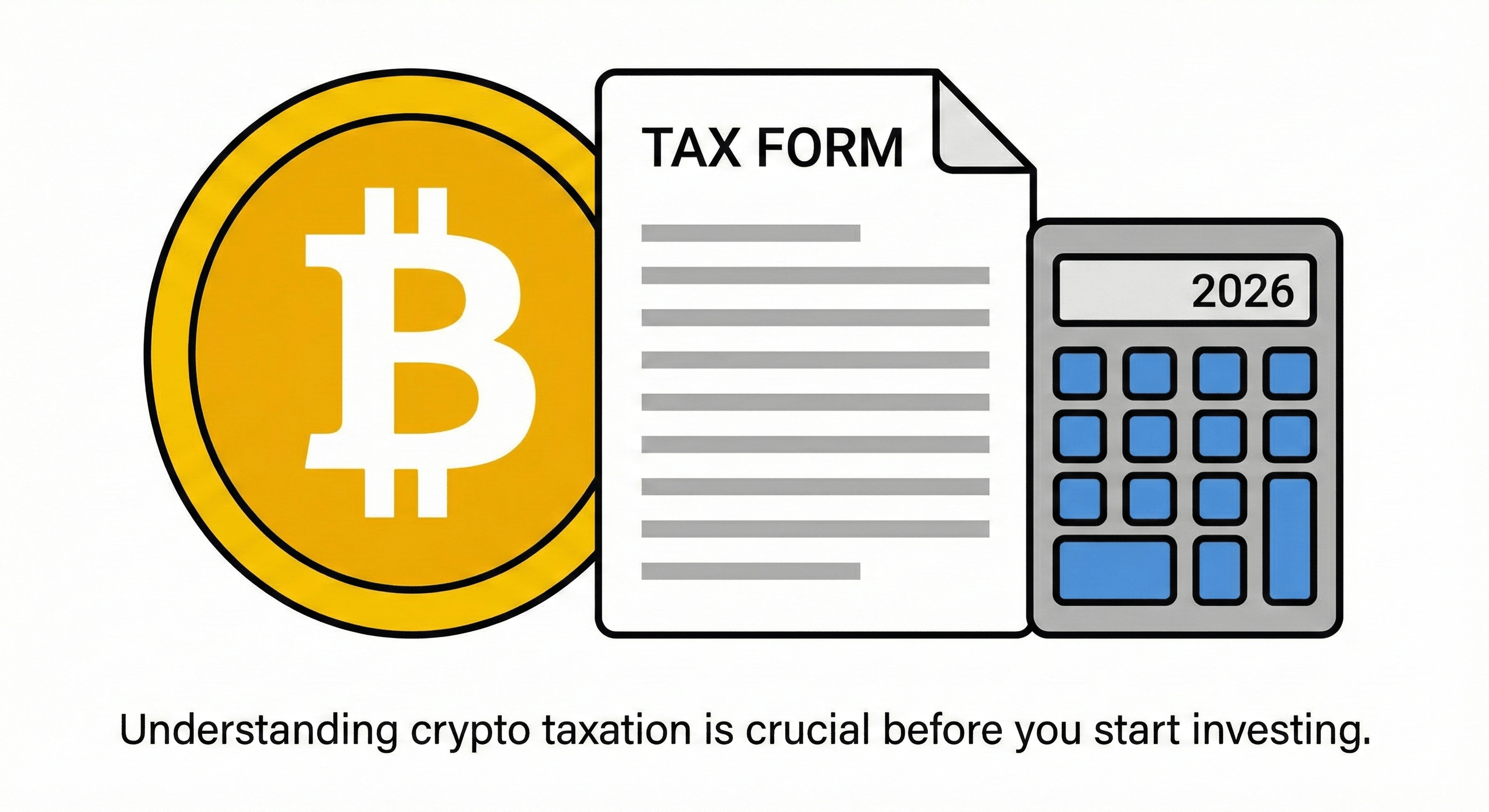 A Bitcoin coin placed next to a tax document and a calculator.