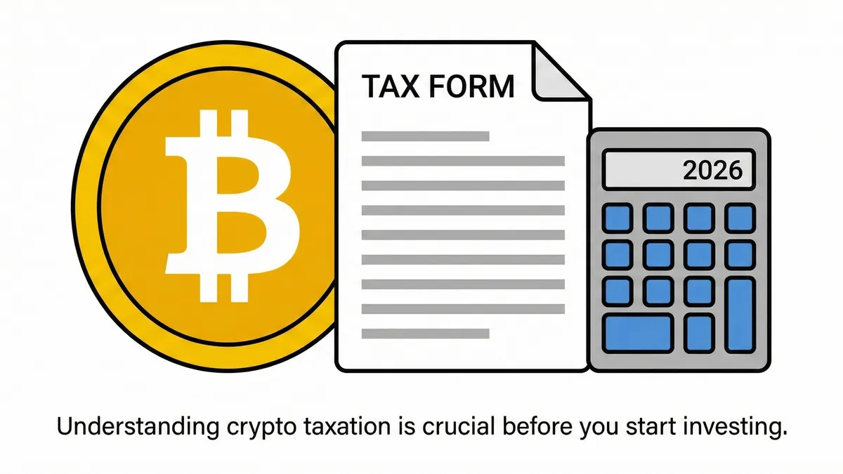 A Bitcoin coin placed next to a tax document and a calculator.