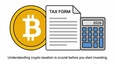 A Bitcoin coin placed next to a tax document and a calculator.