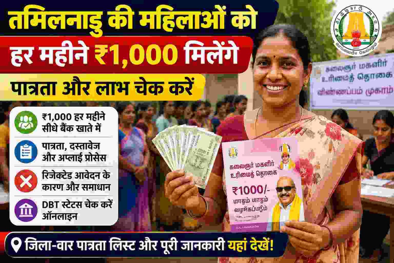 Tamil Nadu woman beneficiary receiving Kalaignar Magalir Urimai Thogai scheme benefit at a government camp
