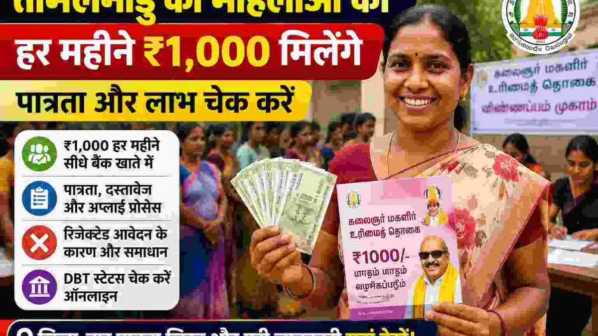 Tamil Nadu woman beneficiary receiving Kalaignar Magalir Urimai Thogai scheme benefit at a government camp