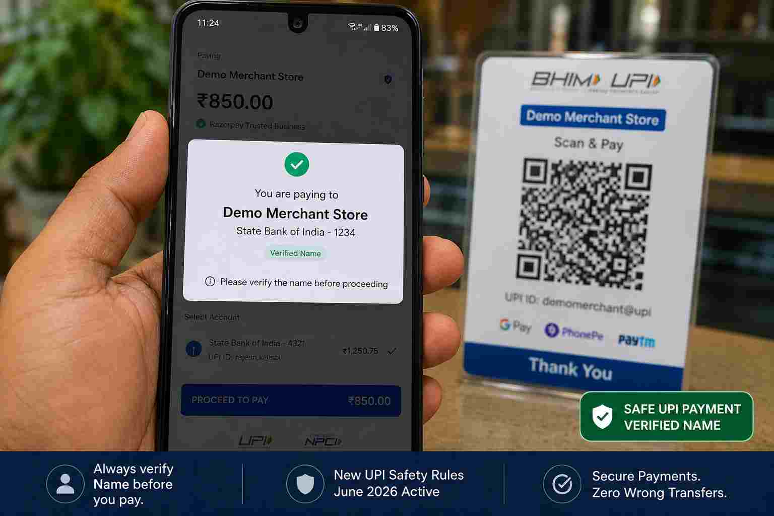 An Indian user verifying the beneficiary name on a UPI payment screen before sending money.