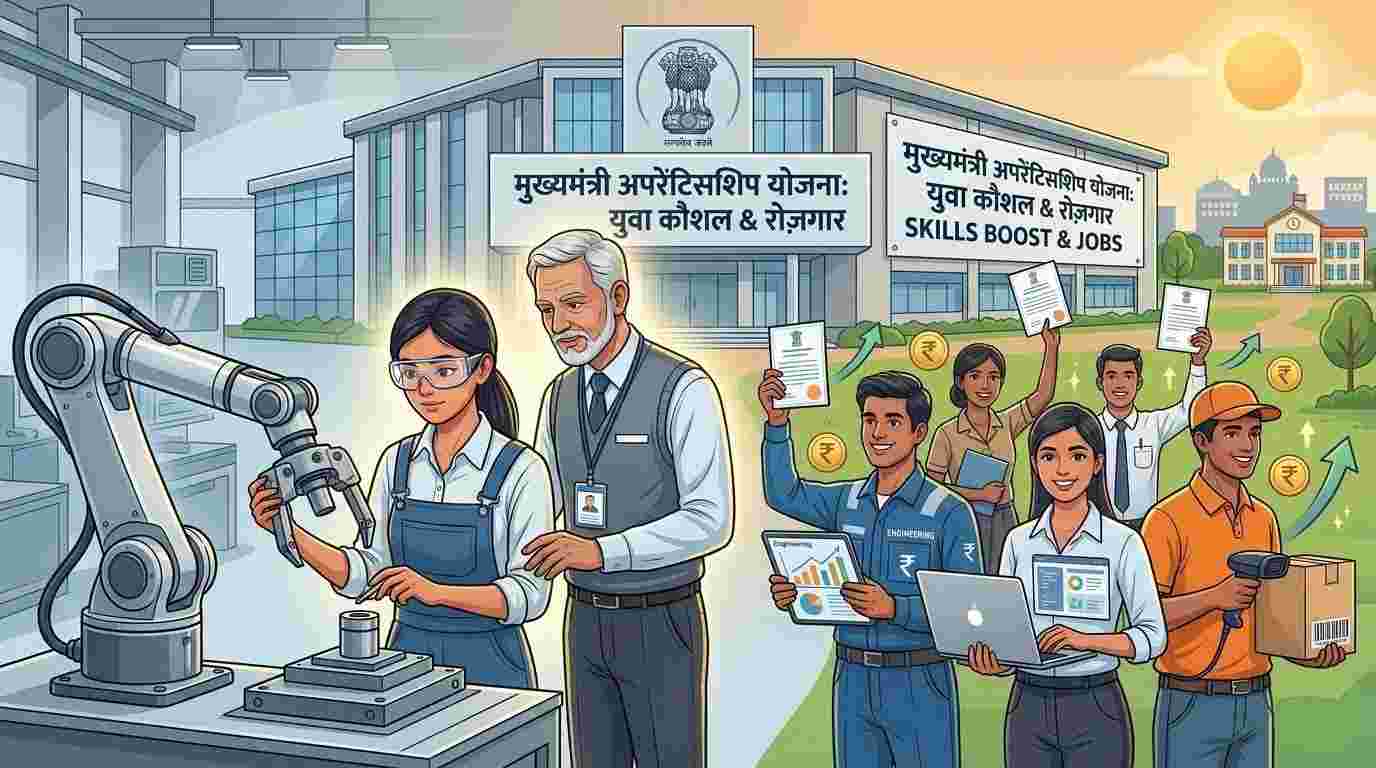 Young Indian apprentice learning job skills from a mentor under a government apprenticeship scheme.