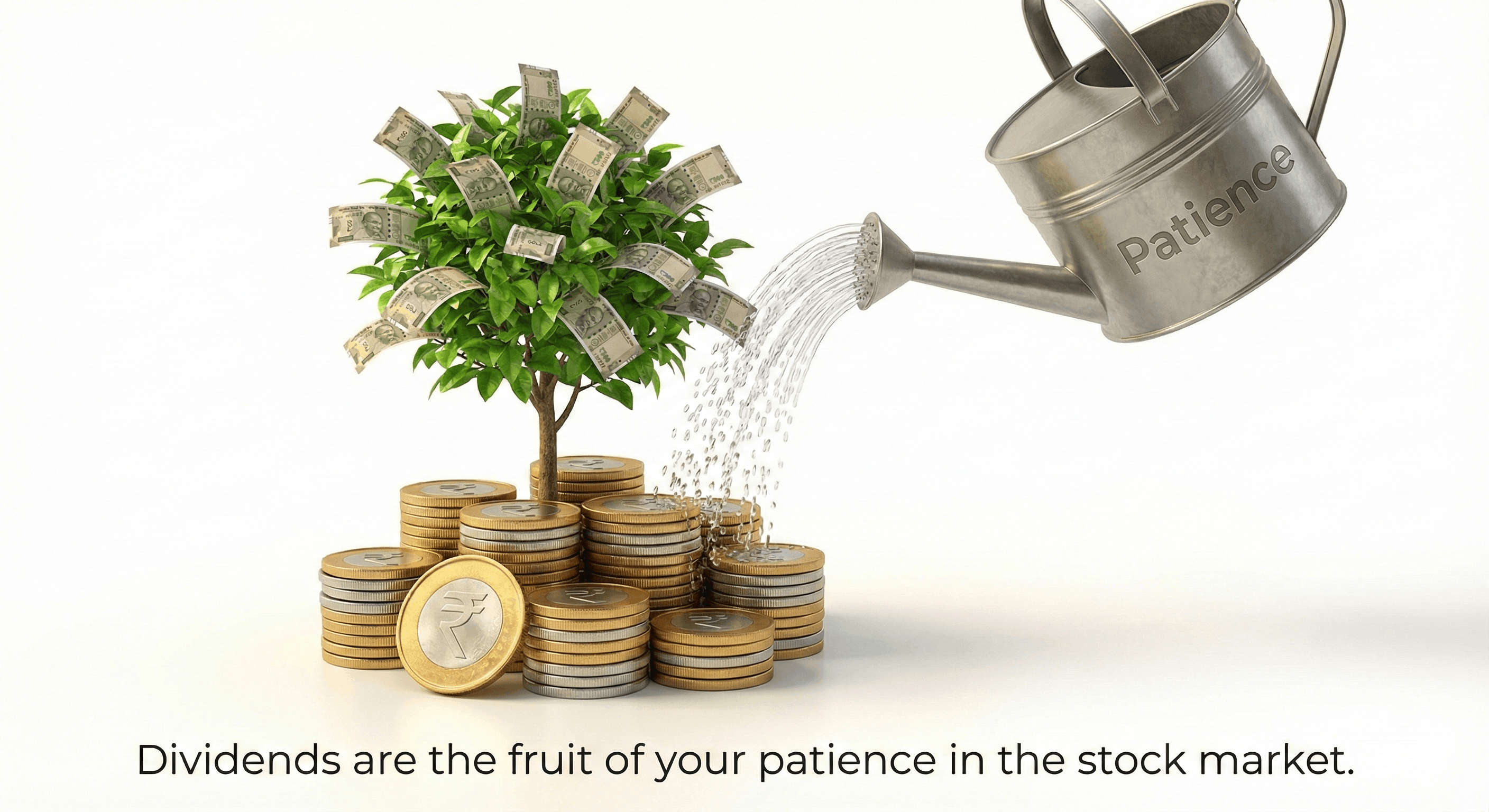 A hand watering a money plant with coins growing on it.