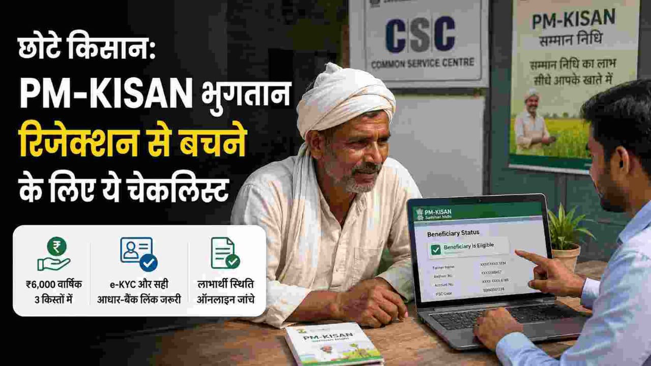 Farmer using smartphone for PM-KISAN beneficiary verification at Common Service Centre