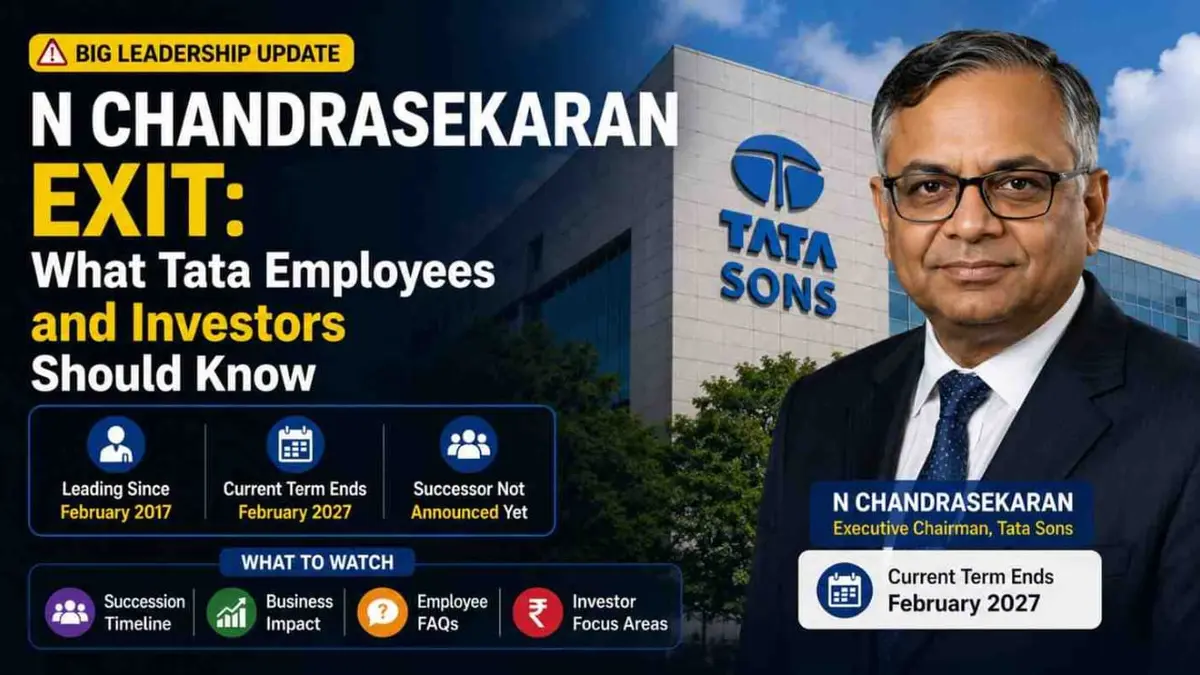 N Chandrasekaran official portrait with Tata Sons headquarters building in the background
