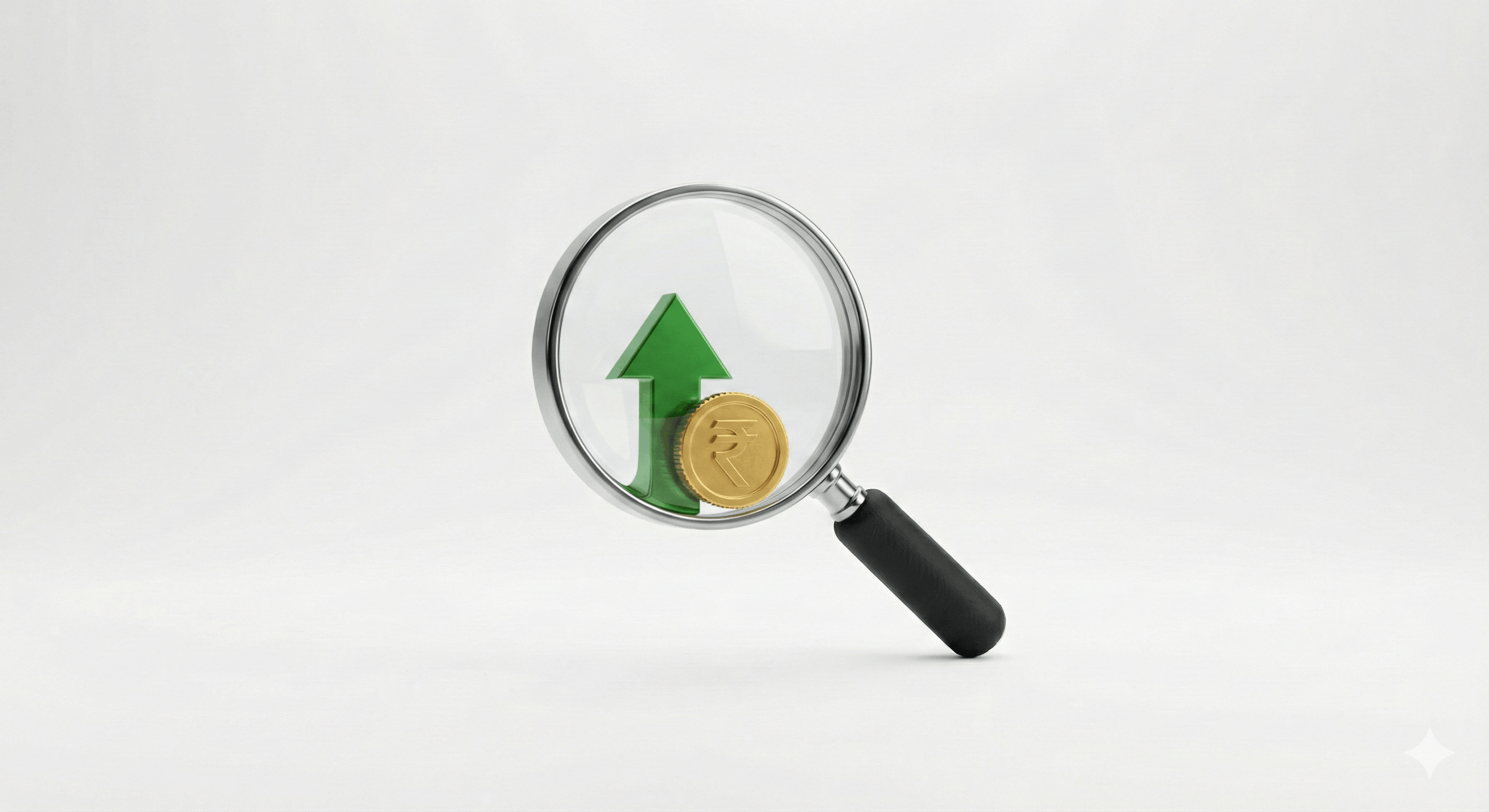A magnifying glass zooming in on a single coin and a rising stock chart.