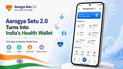Official Aarogya Setu 2.0 app interface displaying a digital health dashboard with Personal Health Records, Ayushman Bharat services, and hospital discovery features.
