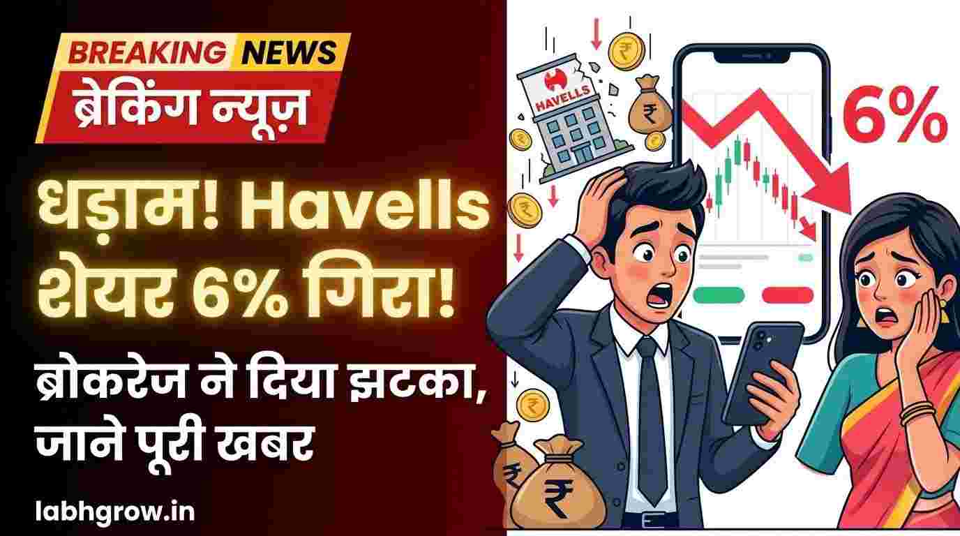 An Indian investor checking falling Havells share price on laptop with concerned expression