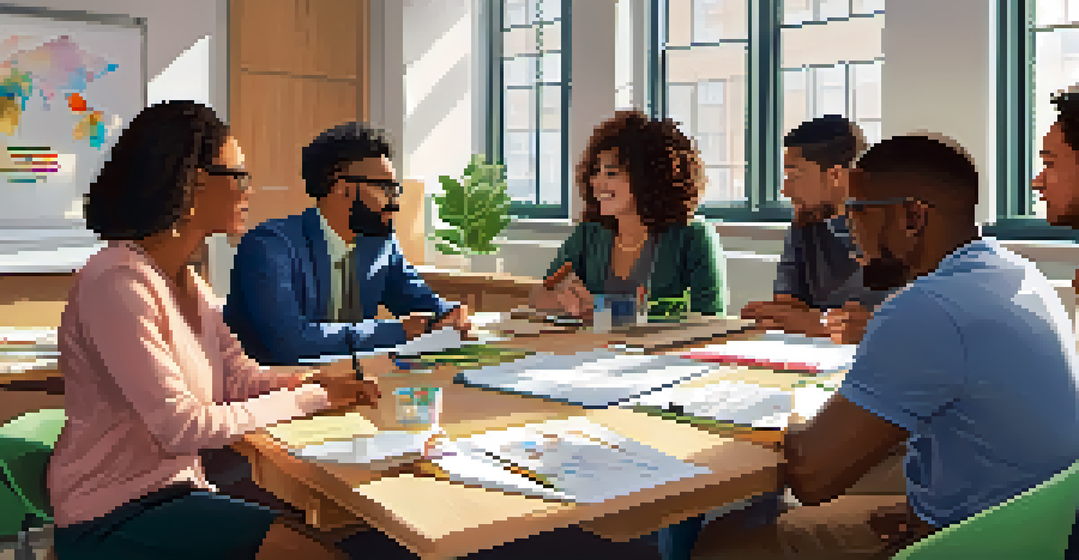 Diverse educators collaborating in a modern classroom filled with educational materials and a bright, welcoming atmosphere.