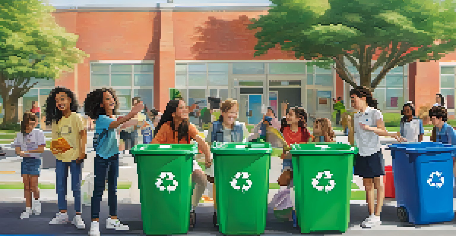 Students sorting recyclable materials in a school recycling challenge, with colorful bins and a cheerful atmosphere.