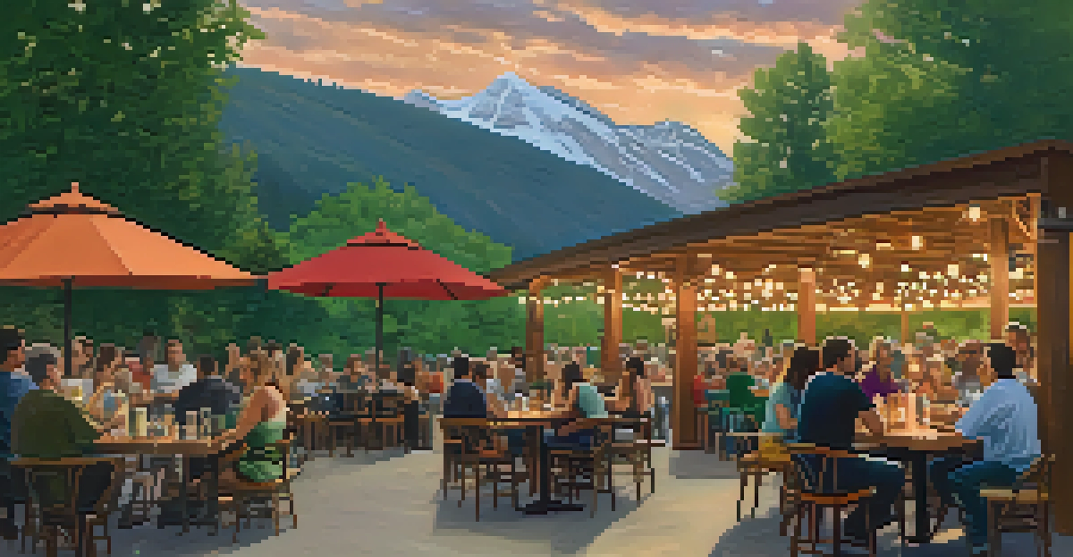 A lively outdoor brewery patio with patrons enjoying craft beers, surrounded by greenery and mountains with string lights overhead.