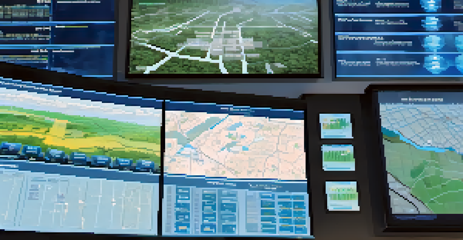 A modern flood monitoring system with digital screens showing weather data and flood alerts in a control room.