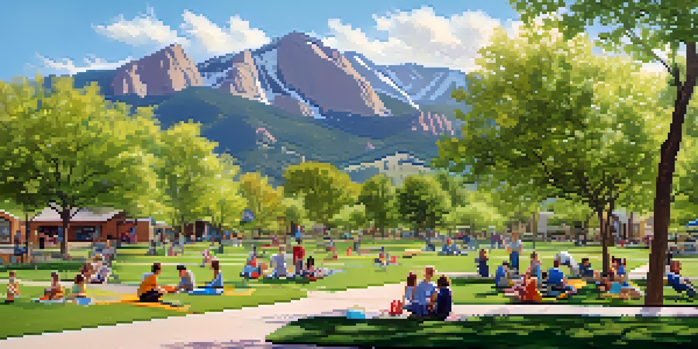 A sunny community park in Boulder, Colorado, with families enjoying outdoor activities and the Flatirons mountains in the background.