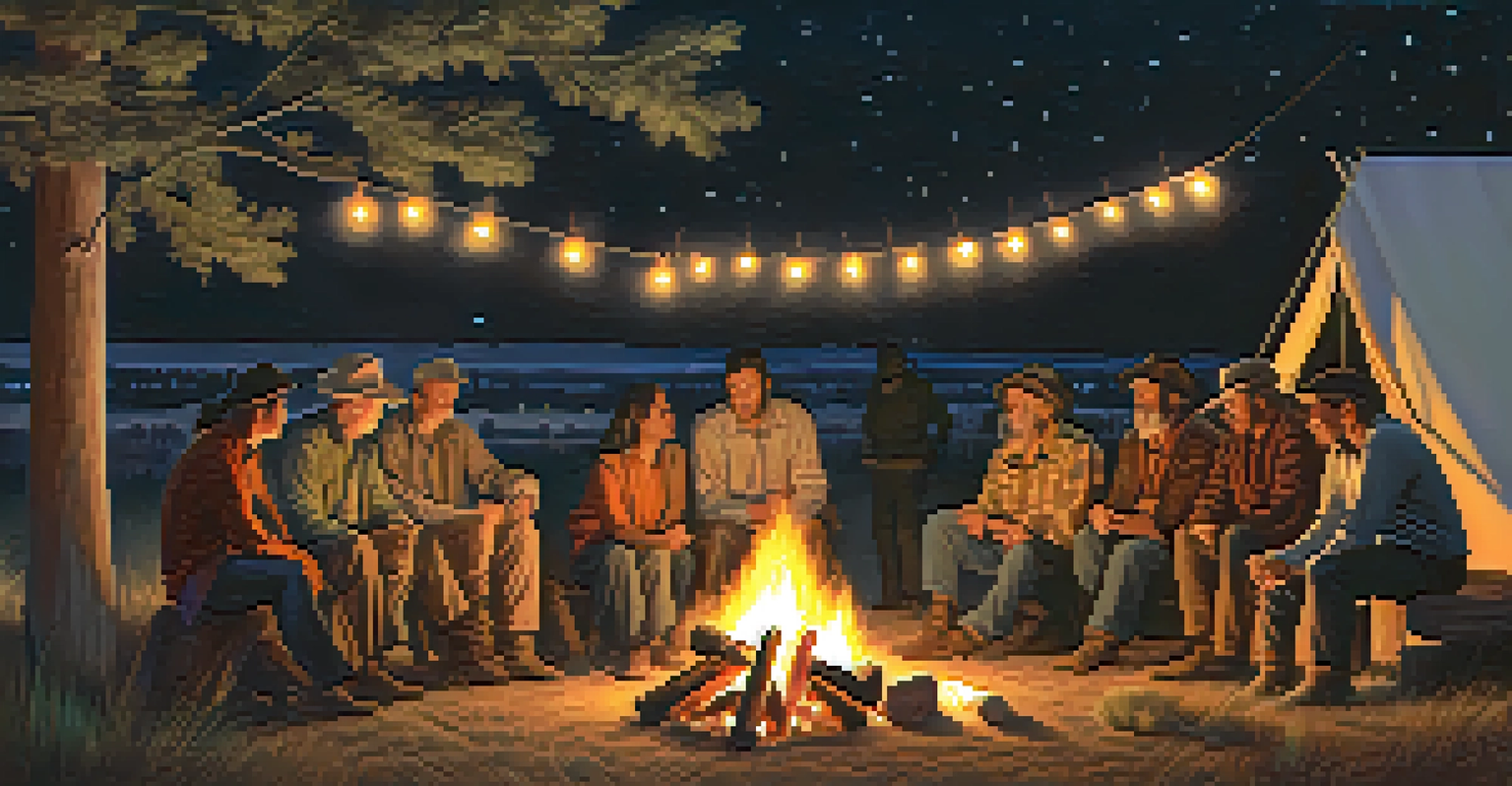 A group of early settlers around a campfire in Boulder, sharing stories under a starry night sky.