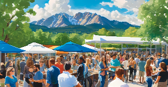 A lively outdoor networking event in Boulder, with entrepreneurs discussing ideas against the backdrop of the Rocky Mountains.