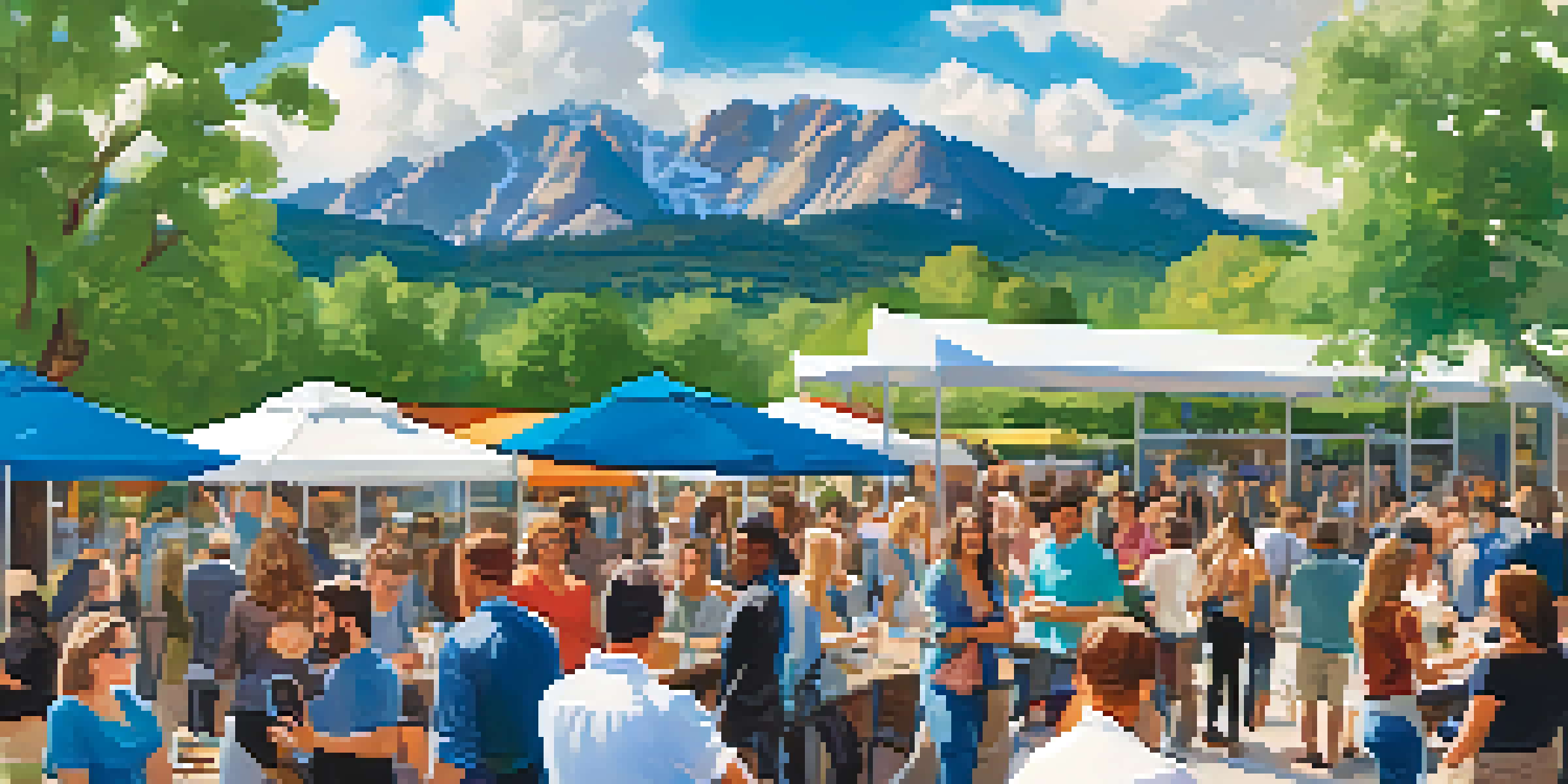 A lively outdoor networking event in Boulder, with entrepreneurs discussing ideas against the backdrop of the Rocky Mountains.
