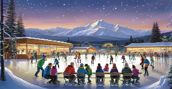 A joyful family ice skating at Boulder Ice Rink with twinkling lights and mountain views, showing children learning to skate.