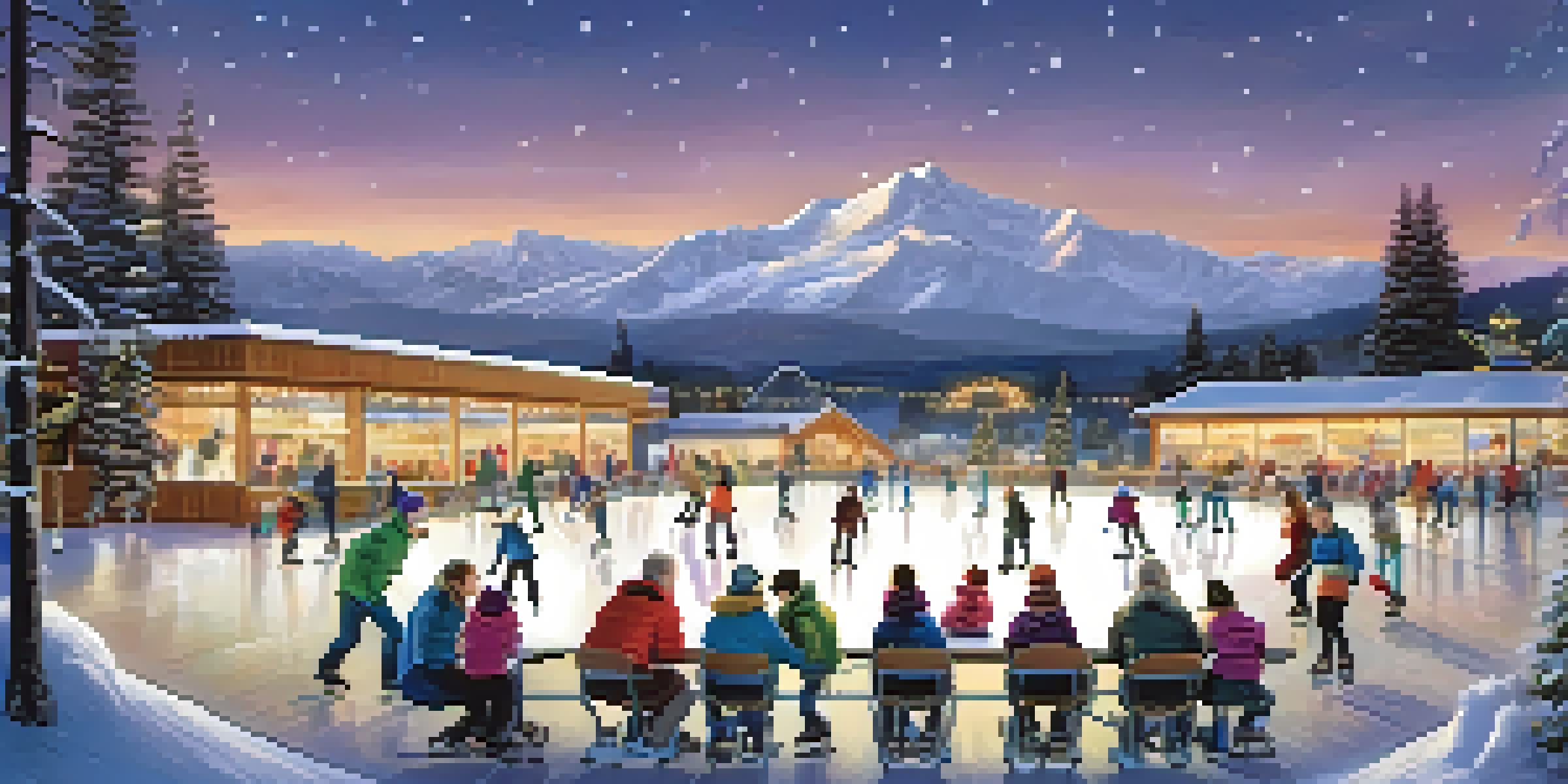 A joyful family ice skating at Boulder Ice Rink with twinkling lights and mountain views, showing children learning to skate.