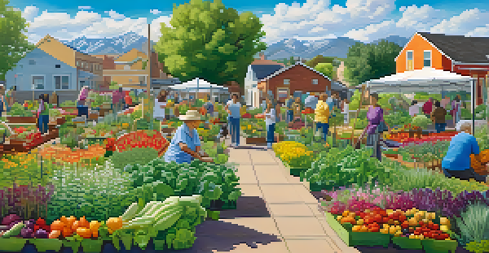 A lively community garden in Boulder where diverse residents of all ages are tending to vegetables and flowers under a sunny sky.
