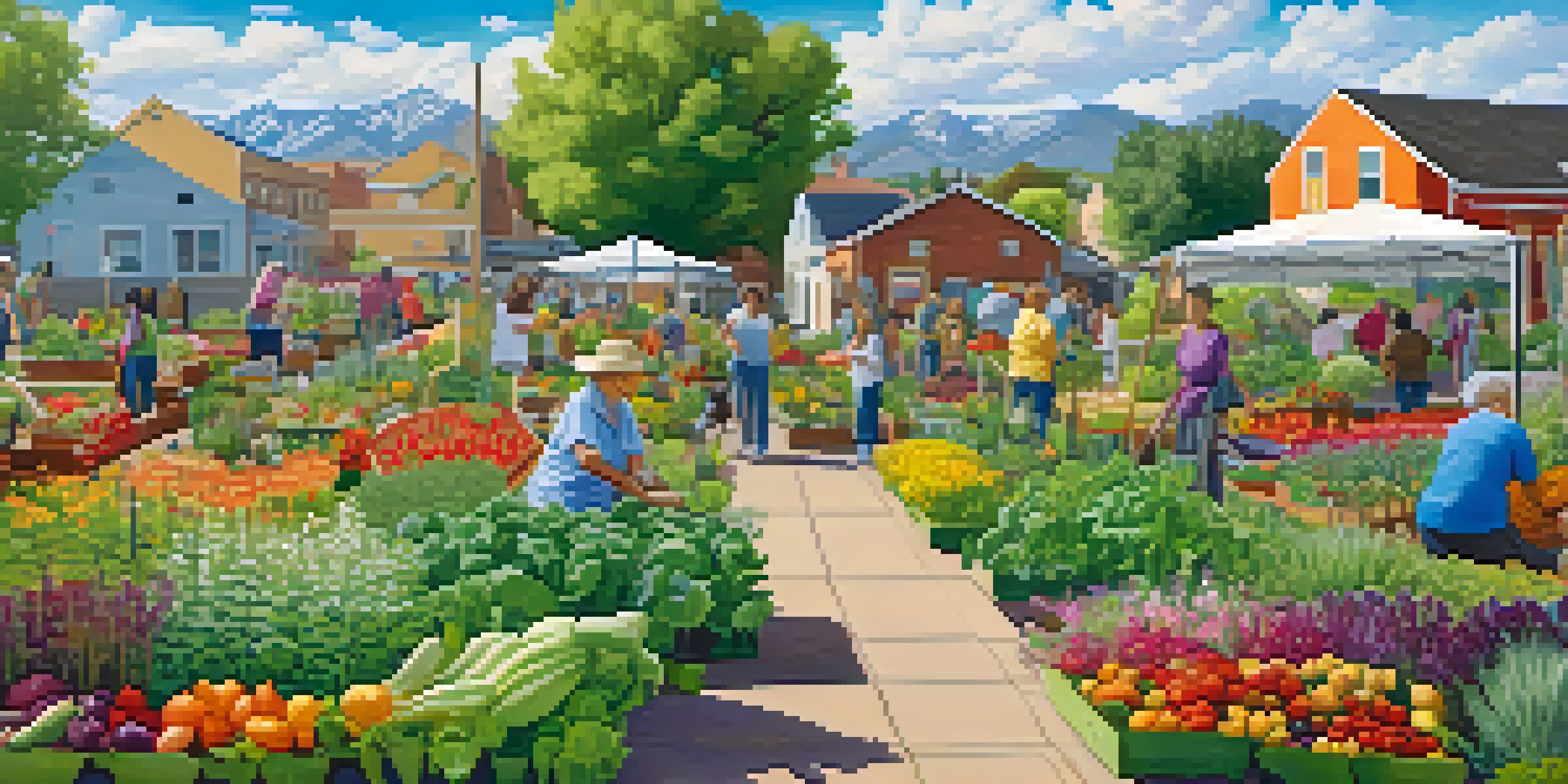 A lively community garden in Boulder where diverse residents of all ages are tending to vegetables and flowers under a sunny sky.