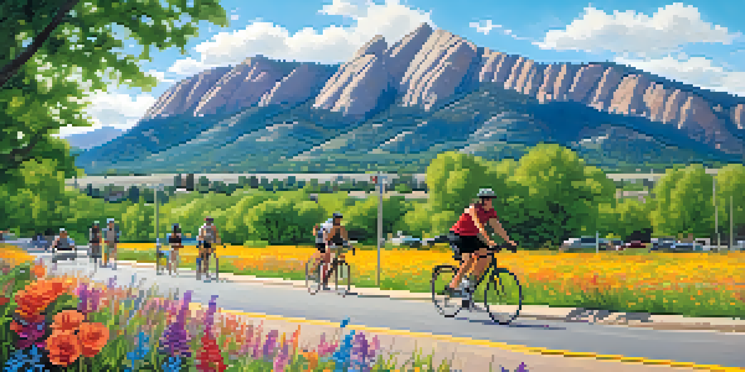 A scenic view of Boulder, Colorado, featuring cyclists on a bike lane with mountains in the background.