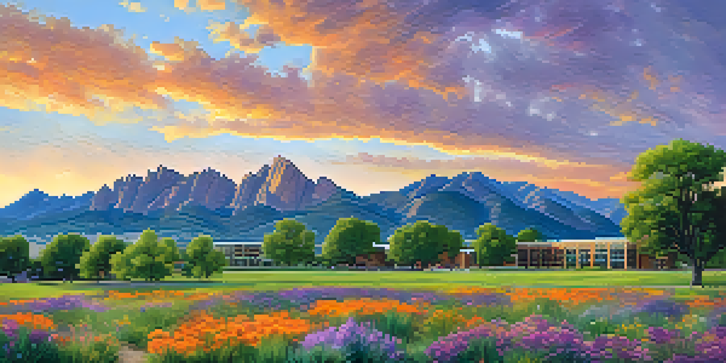 A scenic view of Boulder with mountains and researchers discussing outside a university.