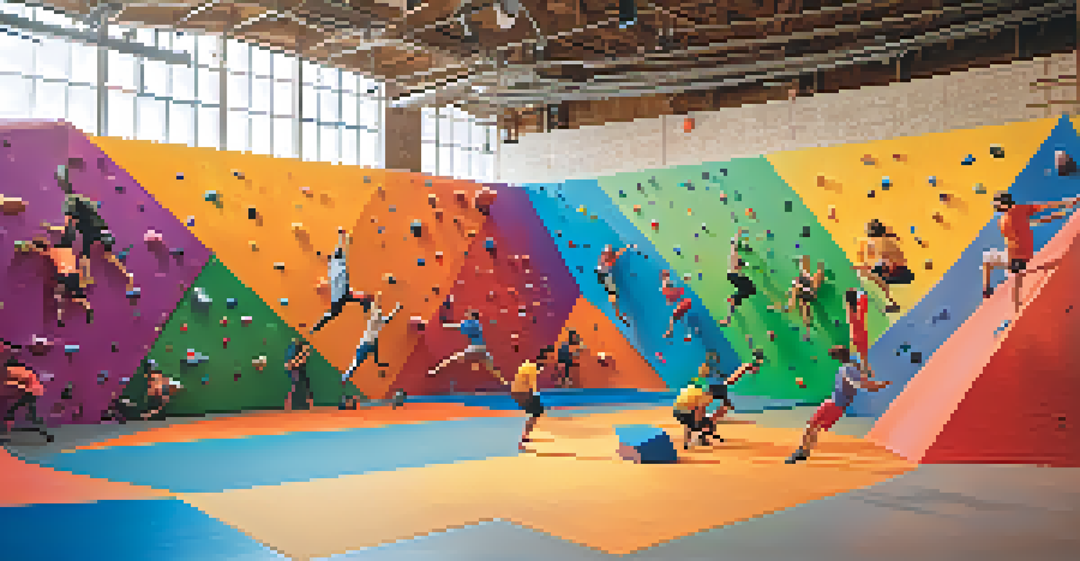 Climbers in colorful costumes competing at the Psychadelic Bouldering Competition in a vibrant climbing gym.